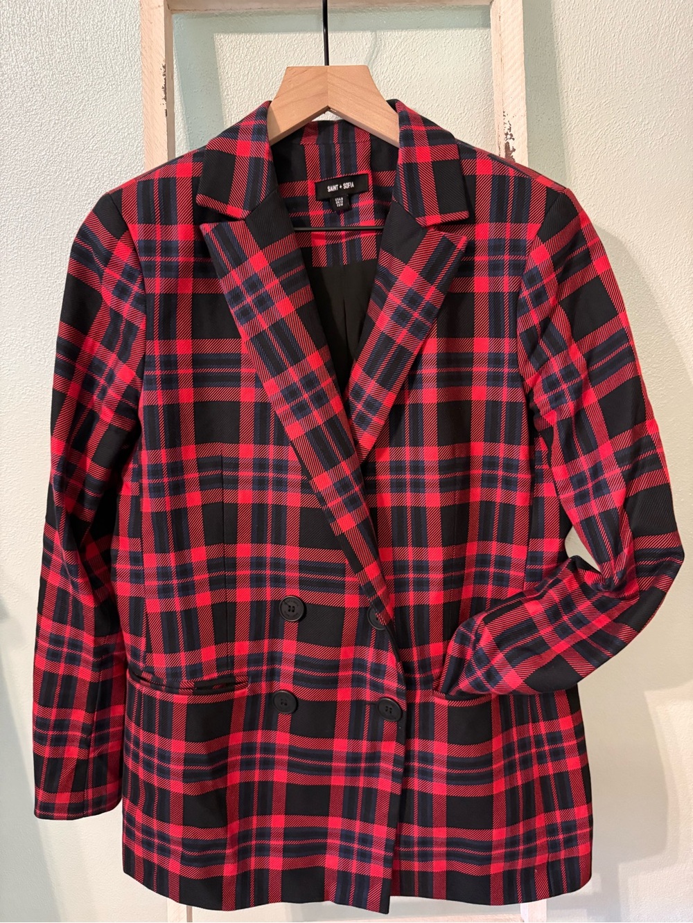 Saint + Sofia Cambridge Blazer Jacket Red Black Navy Plaid Organic Cotton Size 8